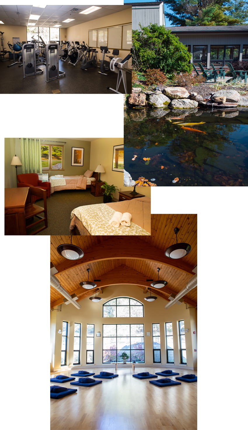 Collage of images taken around Mirmont Treatment Center (workout room, Koi pond, bedroom, meditation room)